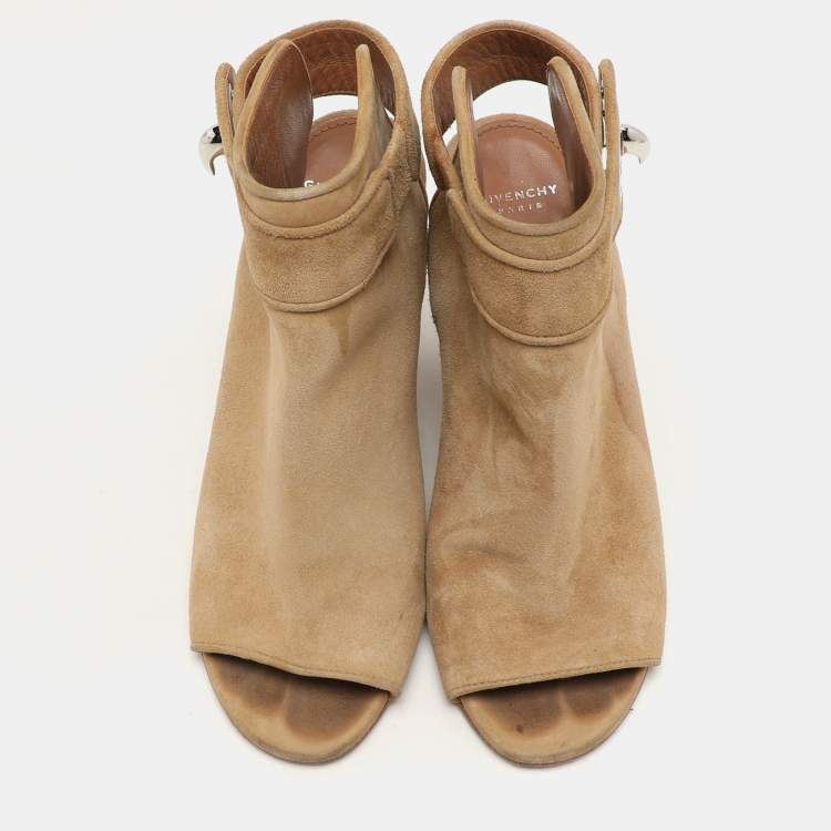 Pre Owned Givenchy Beige Suede Shark Lock Peep-Toe Wedge Booties Size 35