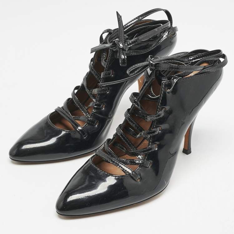 Pre Owned Givenchy Black Patent Leather Wrap Up Mules Size 38