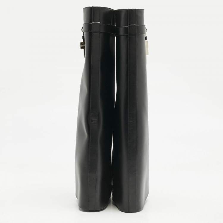 Pre Owned Givenchy Black Leather Shark Lock Wedge Knee High Boots Size 39