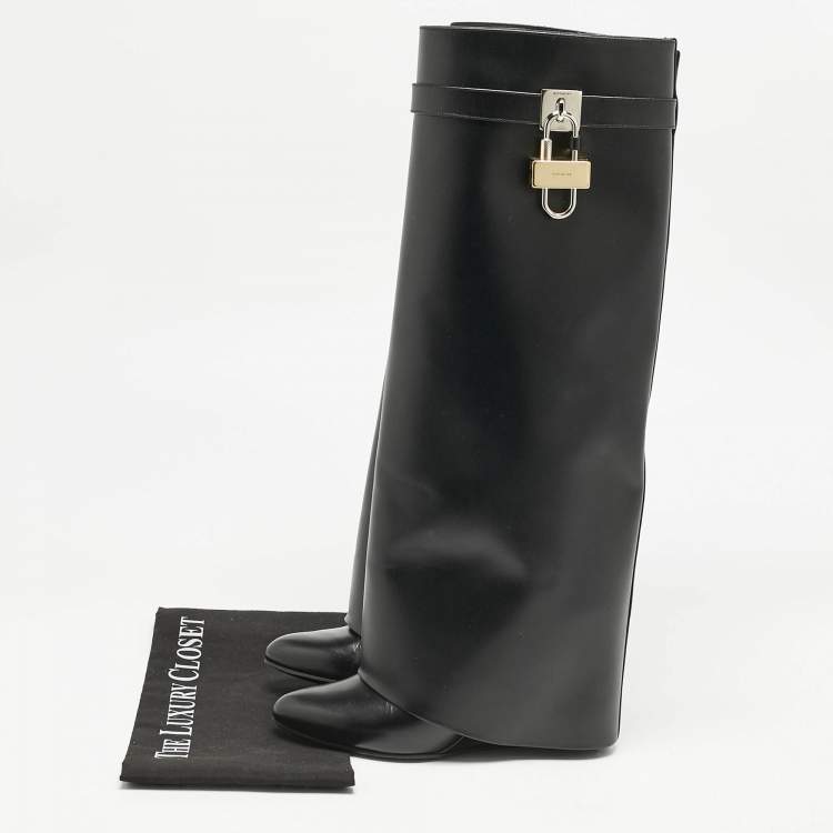 Pre Owned Givenchy Black Leather Shark Lock Wedge Knee High Boots Size 39