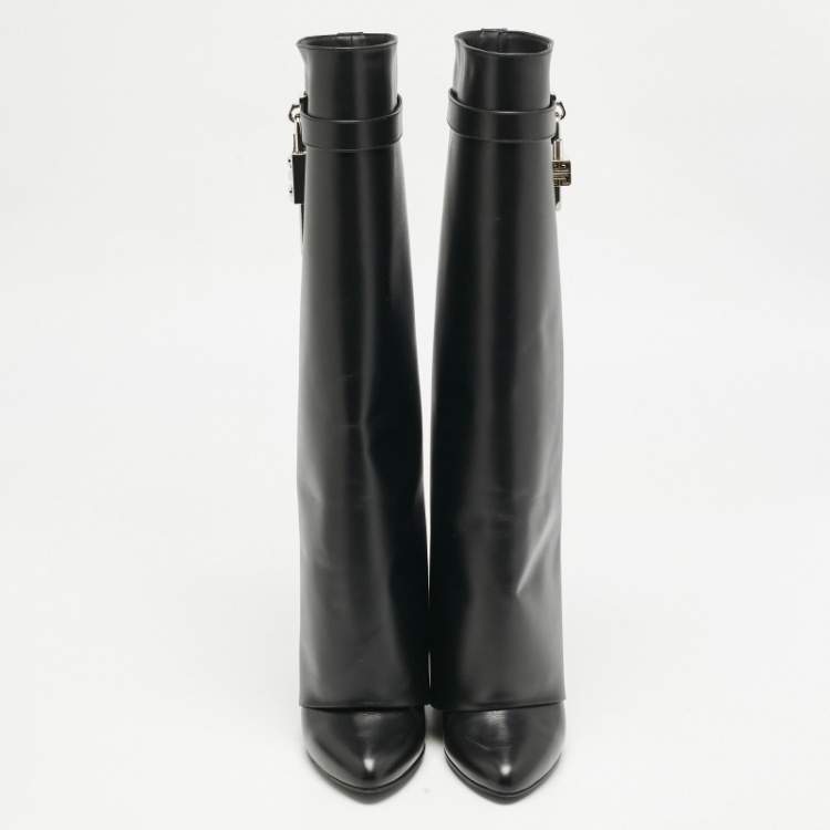 Pre Owned Givenchy Black Leather Shark Lock Wedge Knee High Boots Size 39
