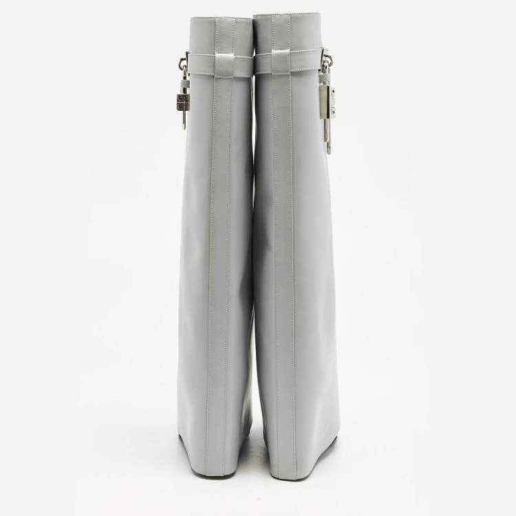Pre Owned Givenchy Grey Leather Shark Lock Knee Length Boots Size 39
