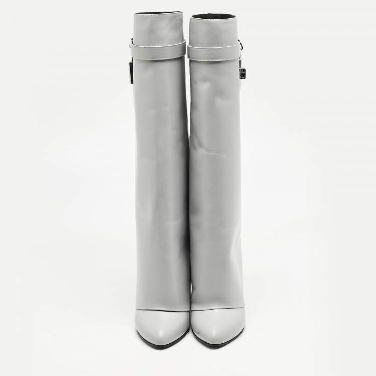 Pre Owned Givenchy Grey Leather Shark Lock Knee Length Boots Size 39