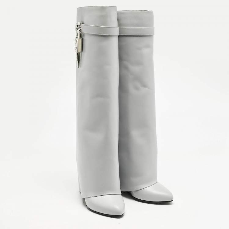 Pre Owned Givenchy Grey Leather Shark Lock Knee Length Boots Size 39