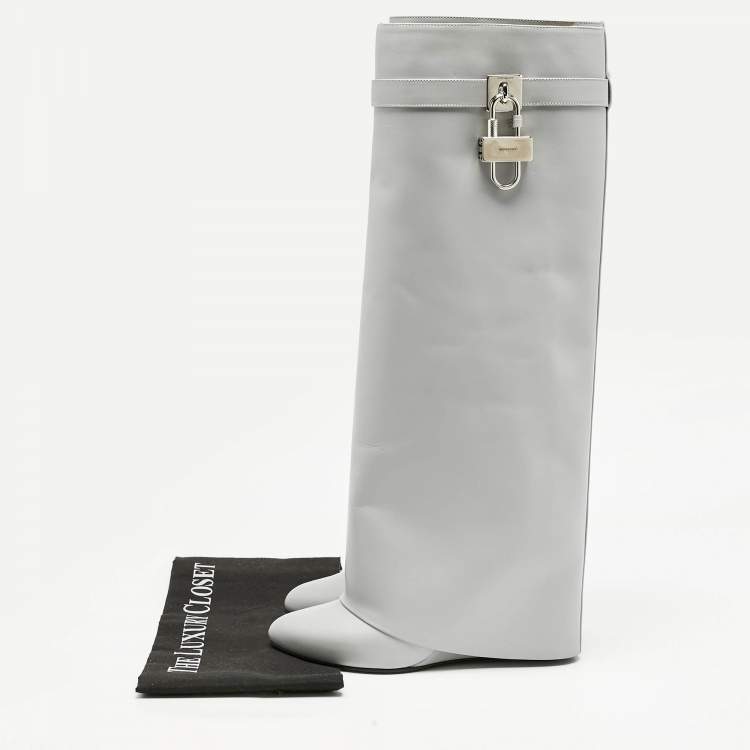 Pre Owned Givenchy Grey Leather Shark Lock Knee Length Boots Size 39