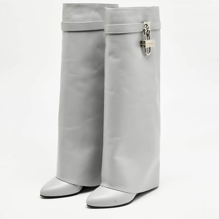 Pre Owned Givenchy Grey Leather Shark Lock Knee Length Boots Size 39