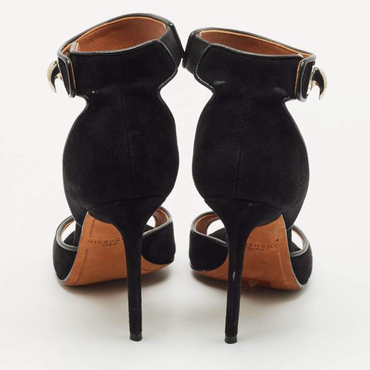 Pre Owned Givenchy Black Leather and Suede Shark Lock Ankle Strap Sandals Size 36
