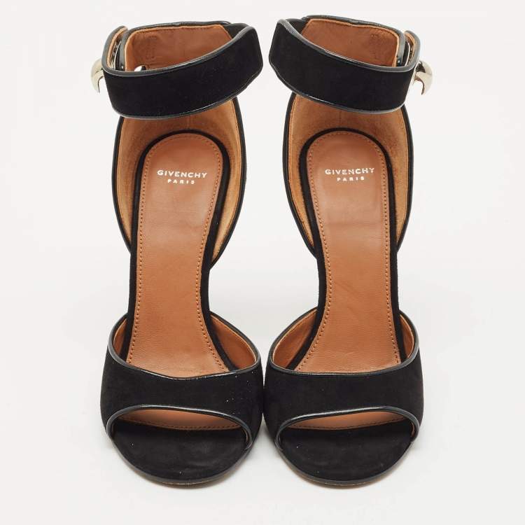 Pre Owned Givenchy Black Leather and Suede Shark Lock Ankle Strap Sandals Size 36