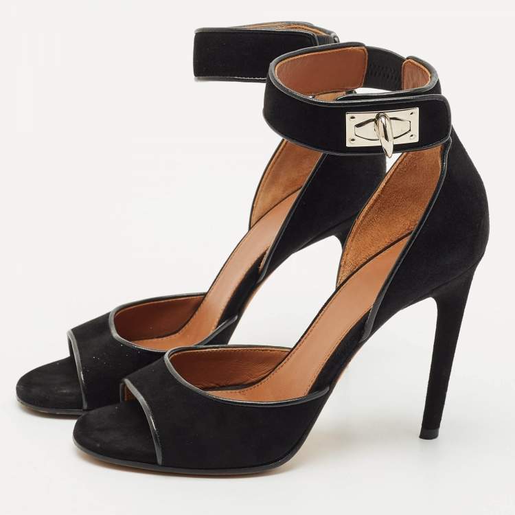 Pre Owned Givenchy Black Leather and Suede Shark Lock Ankle Strap Sandals Size 36
