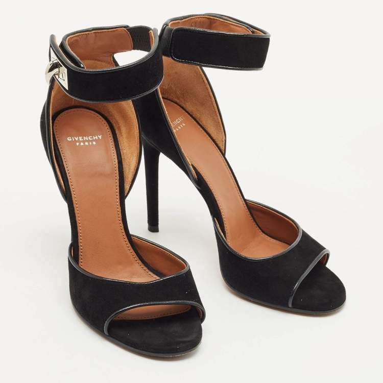 Pre Owned Givenchy Black Leather and Suede Shark Lock Ankle Strap Sandals Size 36