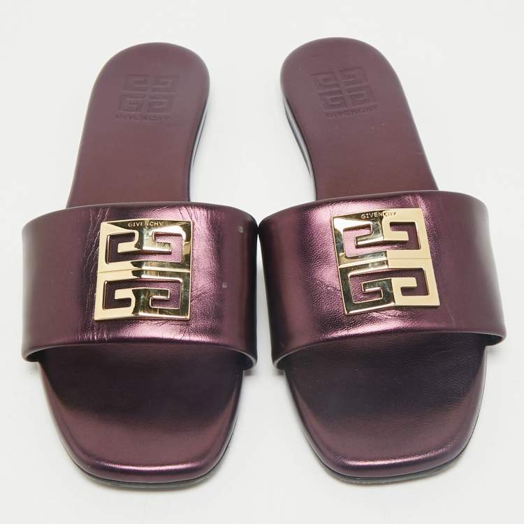 Pre Owned Givenchy Metallic Leather 4G Flat Sandals Size 40