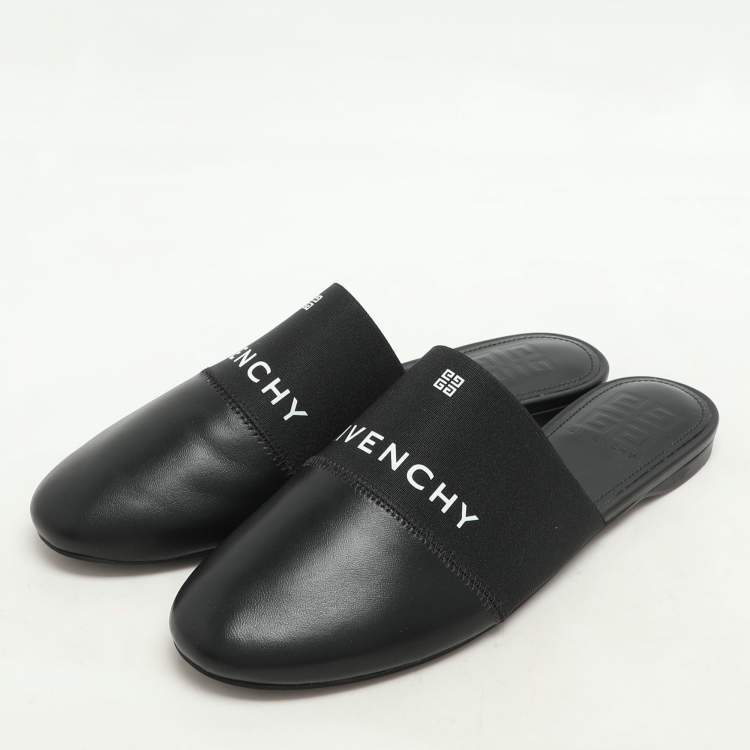 Pre Owned Givenchy Black Leather and Elastic Bedford Flat Mules Size 38