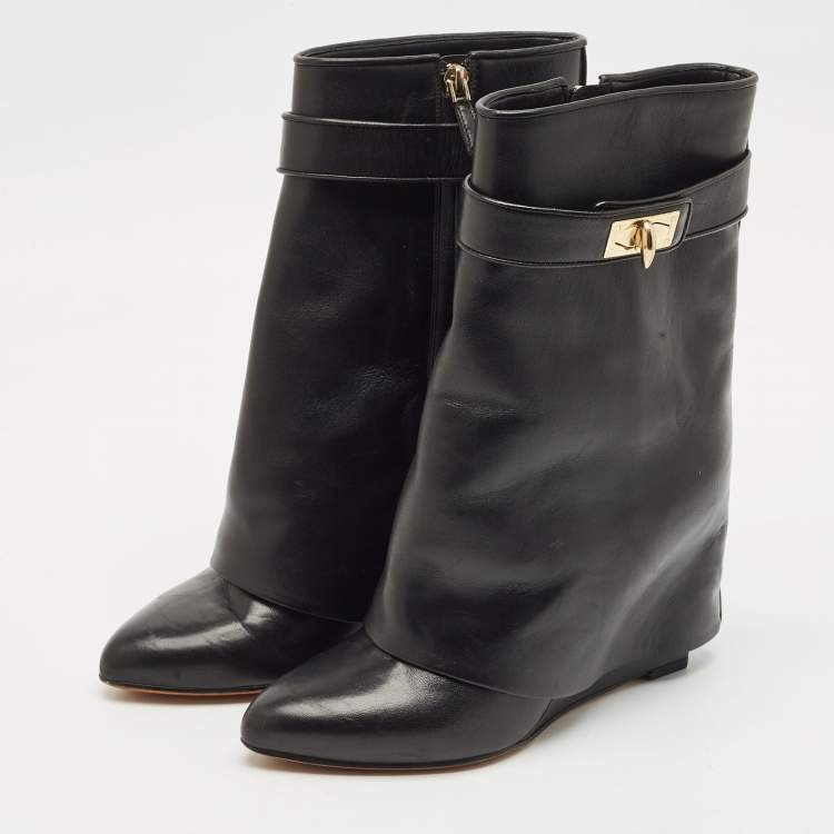 Pre Owned Givenchy Black Leather Shark Lock Wedge Ankle Length Boots Size 38