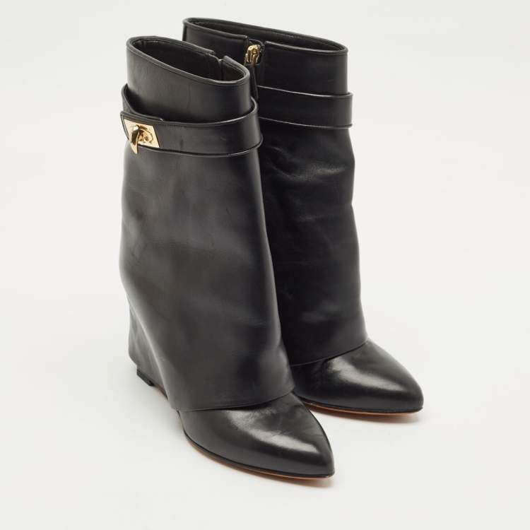 Pre Owned Givenchy Black Leather Shark Lock Wedge Ankle Length Boots Size 38