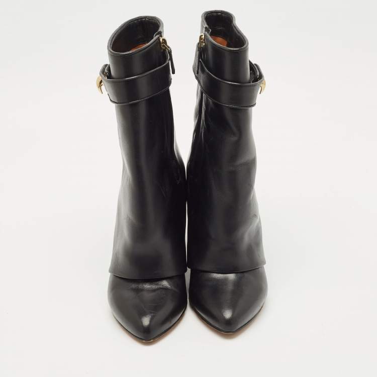 Pre Owned Givenchy Black Leather Shark Lock Wedge Ankle Length Boots Size 38