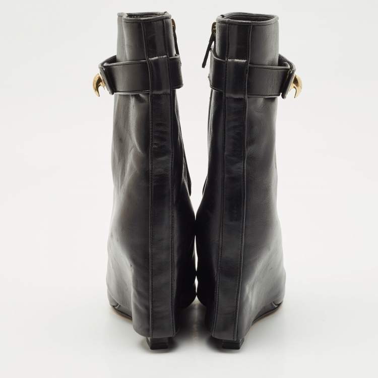 Pre Owned Givenchy Black Leather Shark Lock Wedge Ankle Length Boots Size 38