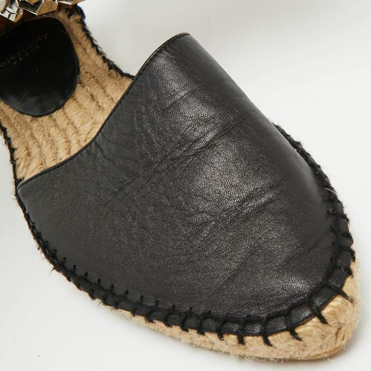 Pre Owned Givenchy Black Leather Chain Ankle Strap Espadrille Flats Size 36