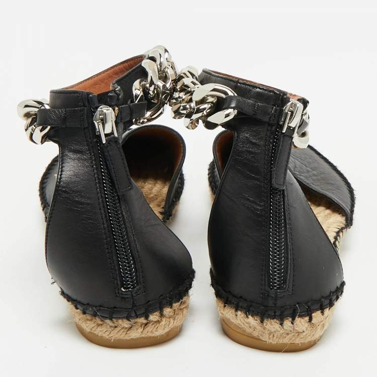 Pre Owned Givenchy Black Leather Chain Ankle Strap Espadrille Flats Size 36