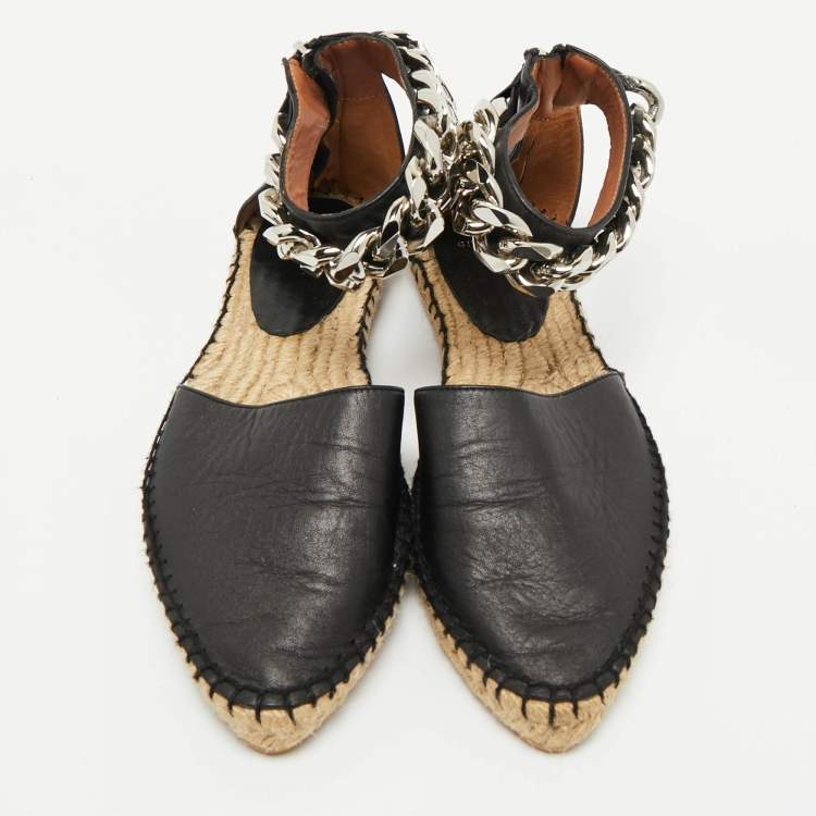 Pre Owned Givenchy Black Leather Chain Ankle Strap Espadrille Flats Size 36