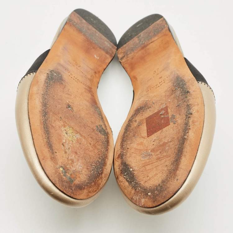 Pre Owned Givenchy Gold/Black Leather and Stretch Band Bedford Flat Mules Size 37