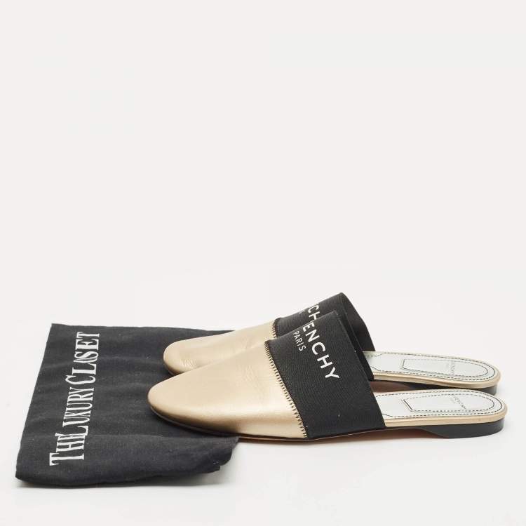 Pre Owned Givenchy Gold/Black Leather and Stretch Band Bedford Flat Mules Size 37