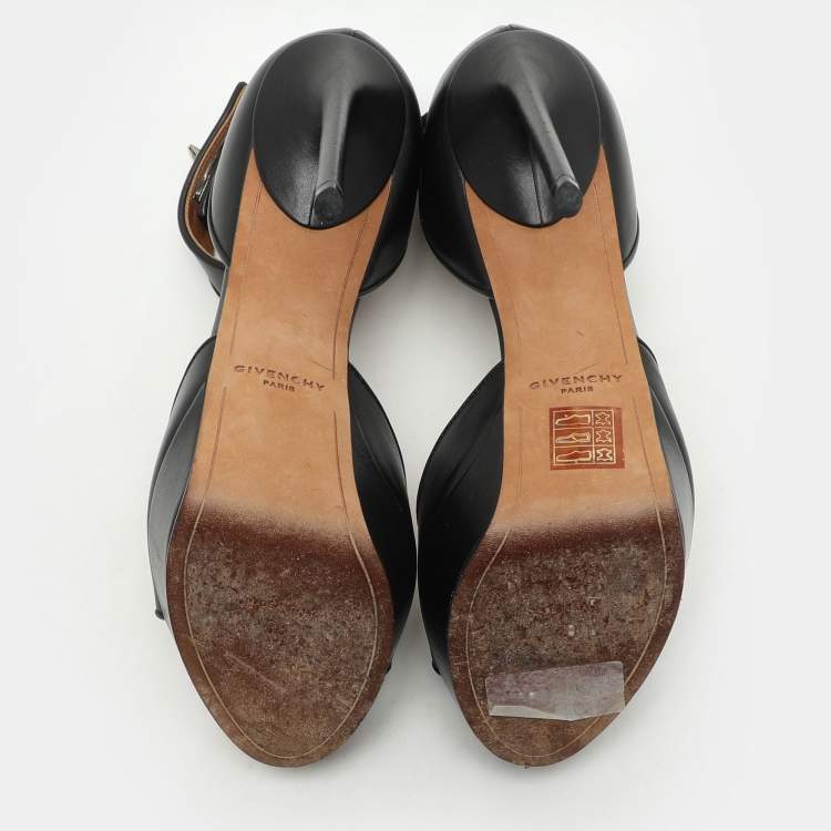 Pre Owned Givenchy Black Leather Shark Lock Ankle Strap Platform Sandals Size 38
