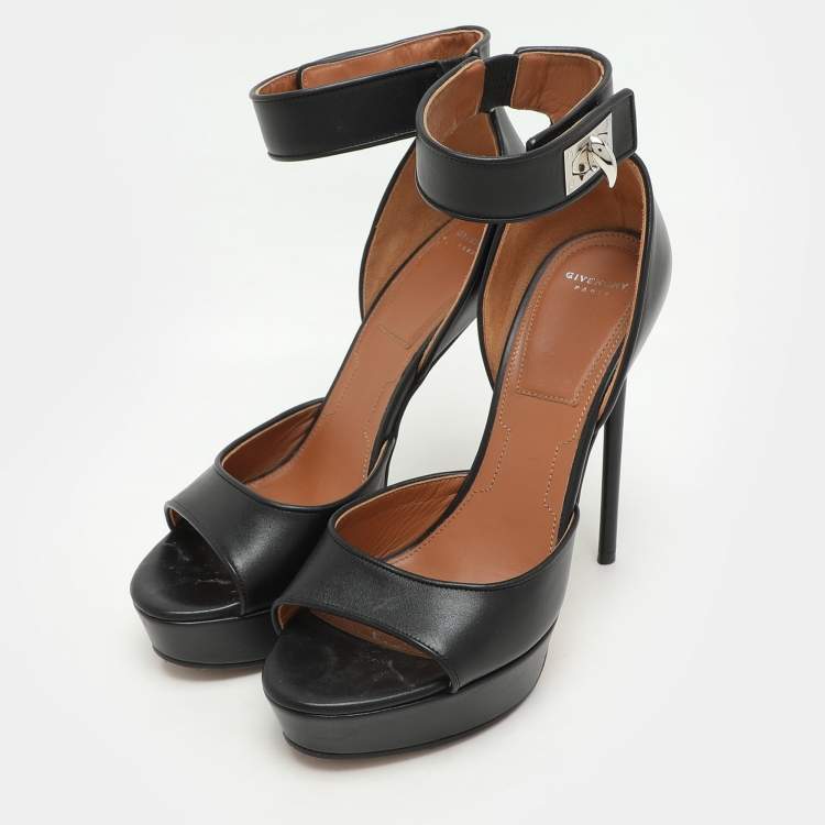 Pre Owned Givenchy Black Leather Shark Lock Ankle Strap Platform Sandals Size 38