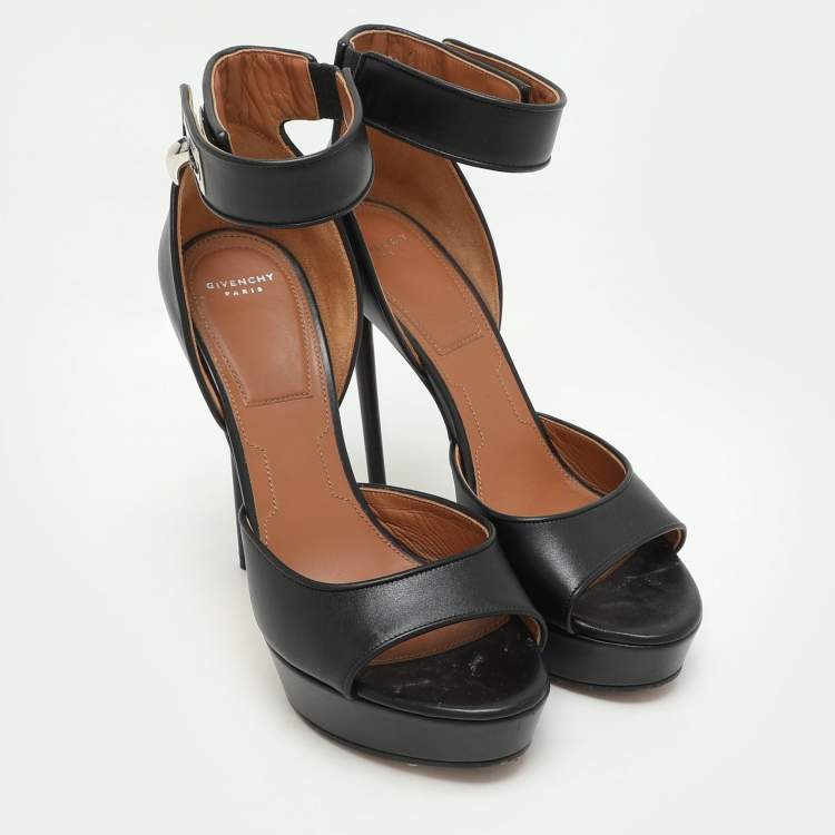Pre Owned Givenchy Black Leather Shark Lock Ankle Strap Platform Sandals Size 38