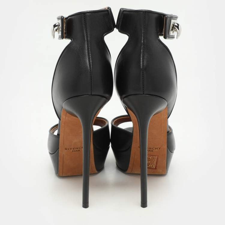 Pre Owned Givenchy Black Leather Shark Lock Ankle Strap Platform Sandals Size 38