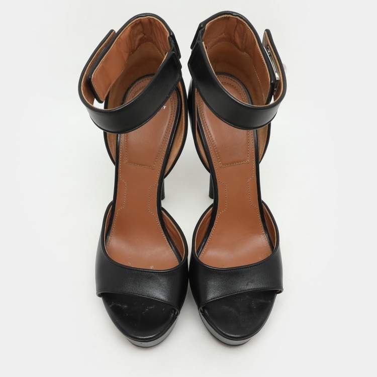 Pre Owned Givenchy Black Leather Shark Lock Ankle Strap Platform Sandals Size 38