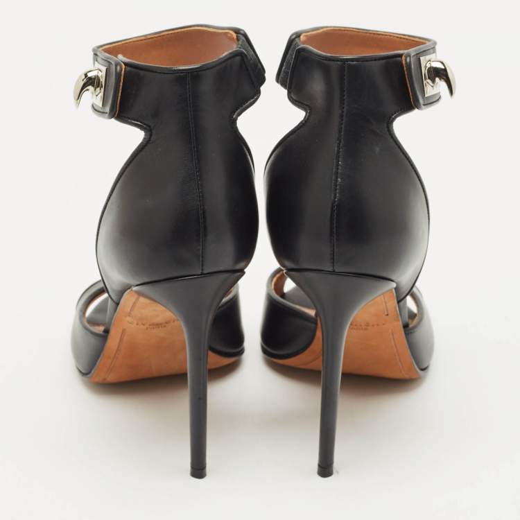Pre Owned Givenchy Black Leather Shark Lock Ankle Strap Sandals Size 38