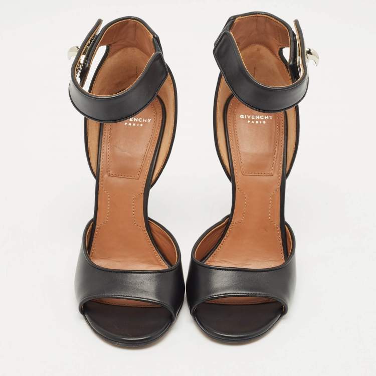 Pre Owned Givenchy Black Leather Shark Lock Ankle Strap Sandals Size 38