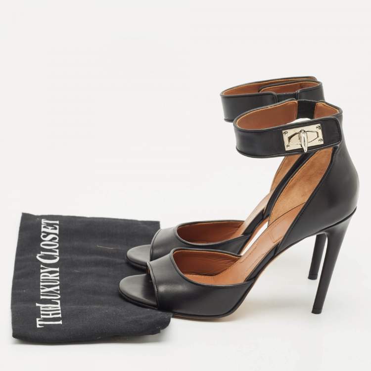 Pre Owned Givenchy Black Leather Shark Lock Ankle Strap Sandals Size 38
