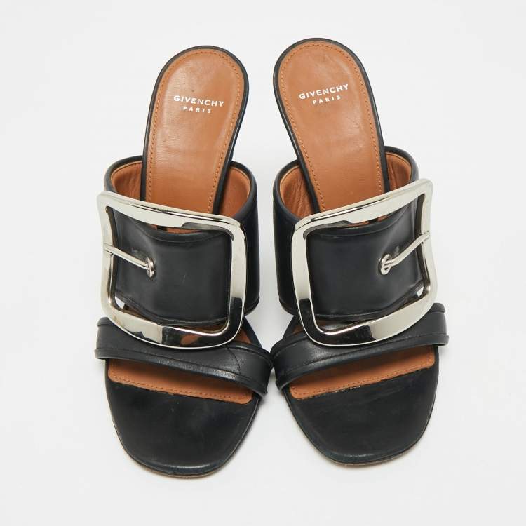 Pre Owned Givenchy Black Leather Buckle Detail Slide Sandals Size 36