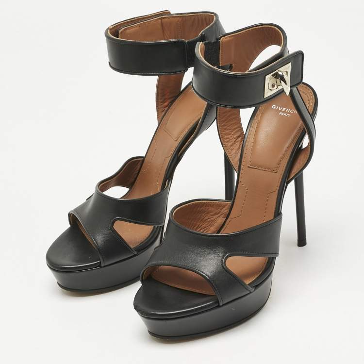 Pre Owned Givenchy Black Leather Shark Tooth Ankle Strap Sandals Size 38.5