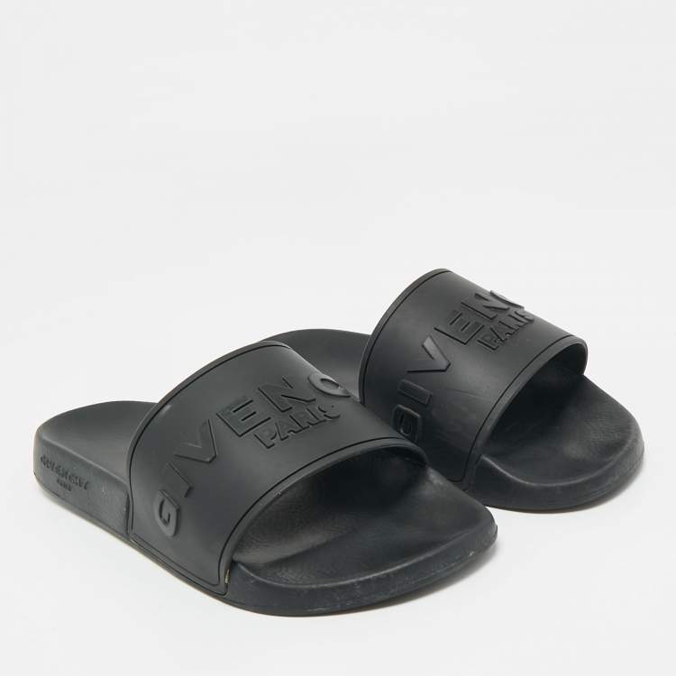 Pre Owned Givenchy Black Rubber Logo Flat Slide Sandals Size 39