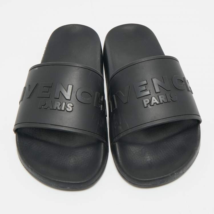 Pre Owned Givenchy Black Rubber Logo Flat Slide Sandals Size 39