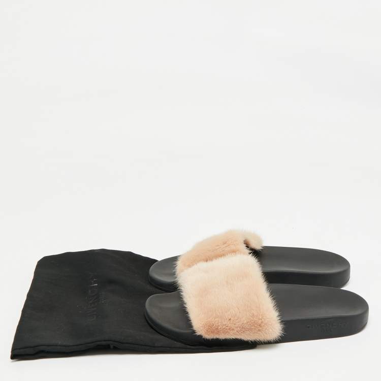 Pre Owned Givenchy Beige Mink Fur Flat Slides Size 39