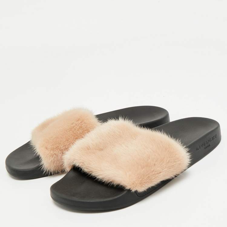 Pre Owned Givenchy Beige Mink Fur Flat Slides Size 39