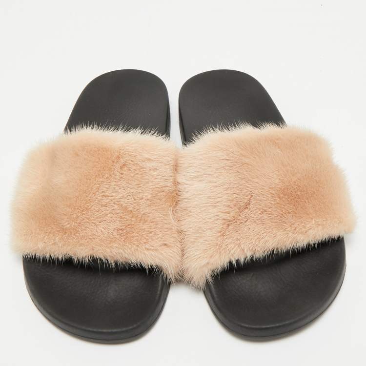 Pre Owned Givenchy Beige Mink Fur Flat Slides Size 39