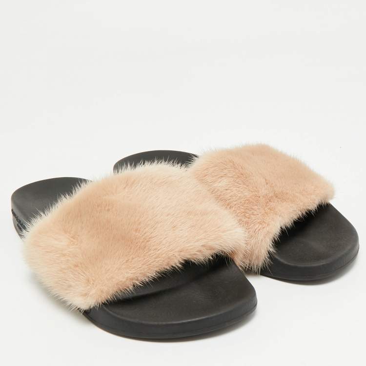 Pre Owned Givenchy Beige Mink Fur Flat Slides Size 39