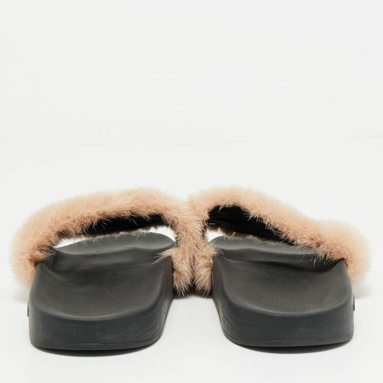 Pre Owned Givenchy Beige Mink Fur Flat Slides Size 39