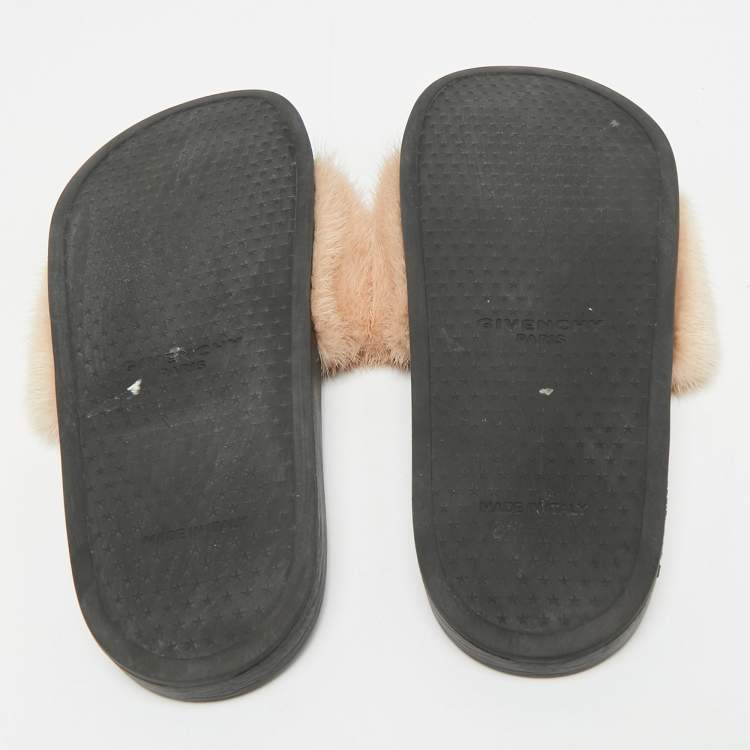 Pre Owned Givenchy Beige Mink Fur Flat Slides Size 39