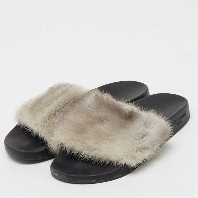 Pre Owned Givenchy Grey Mink Fur Flat Slide Sandals Size 37