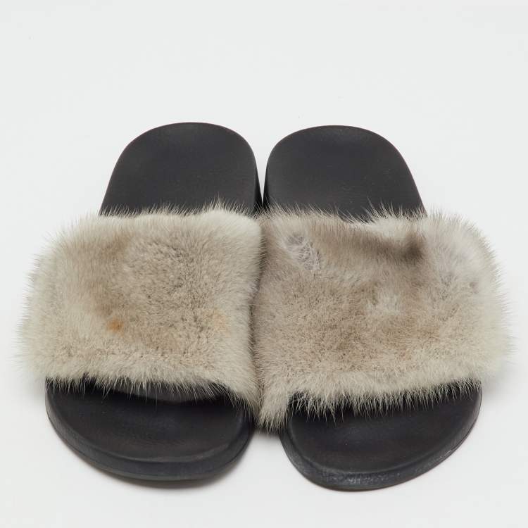 Pre Owned Givenchy Grey Mink Fur Flat Slide Sandals Size 37