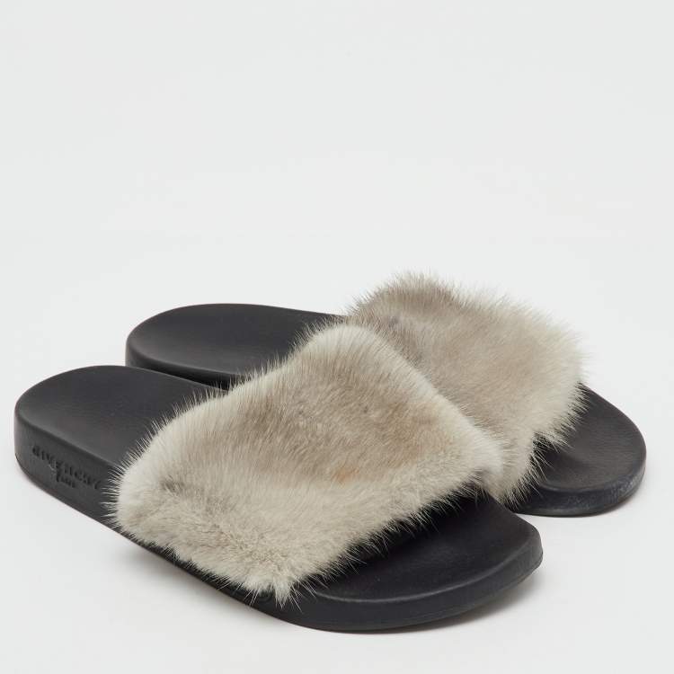 Pre Owned Givenchy Grey Mink Fur Flat Slide Sandals Size 37