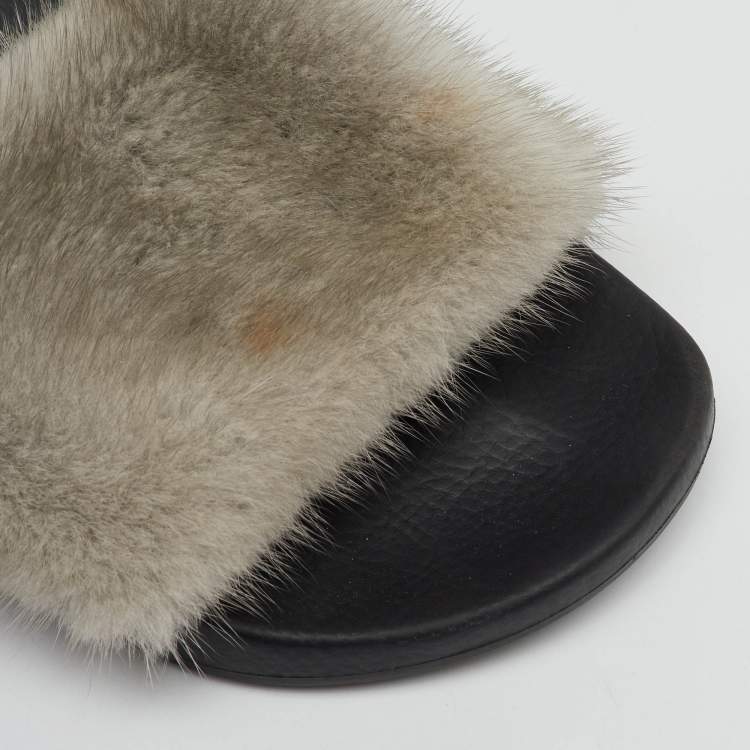 Pre Owned Givenchy Grey Mink Fur Flat Slide Sandals Size 37