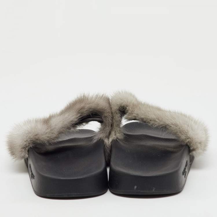 Pre Owned Givenchy Grey Mink Fur Flat Slide Sandals Size 37