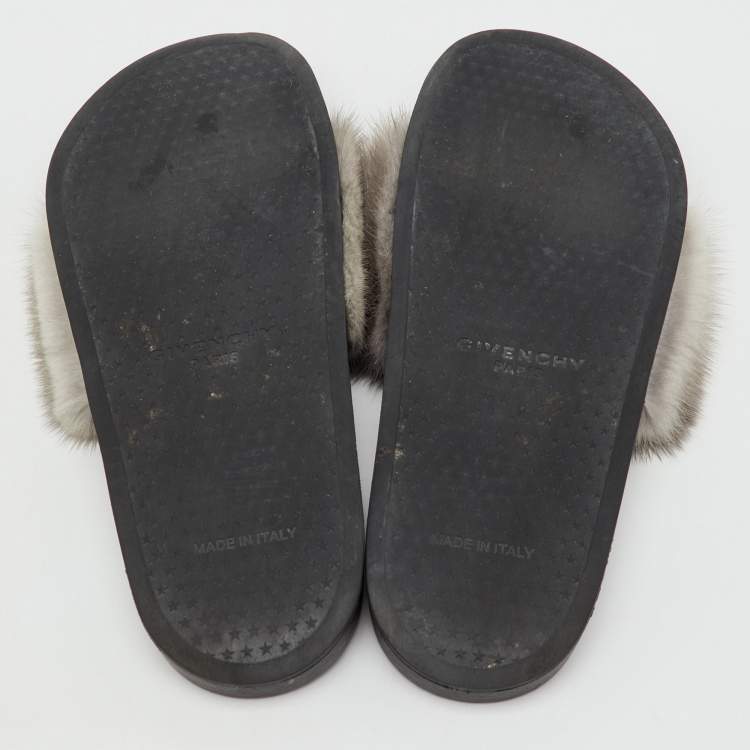 Pre Owned Givenchy Grey Mink Fur Flat Slide Sandals Size 37