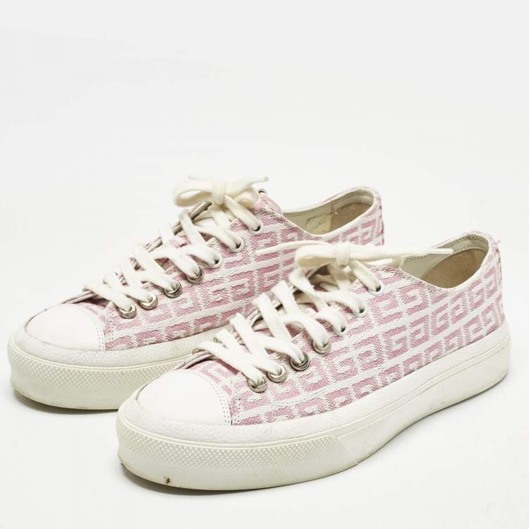 Pre Owned Givenchy White/Pink Leather And Canvas Lace Up Sneakers Size 40